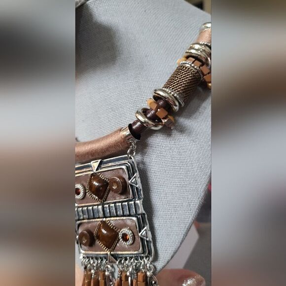 PARIS Necklace Ethnic Tribal Statement Solid Reversible Brown & Silver … - Picture 6 of 13